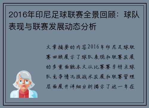 2016年印尼足球联赛全景回顾:球队表现与联赛发展动态分析