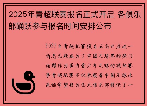2025年青超联赛报名正式开启 各俱乐部踊跃参与报名时间安排公布