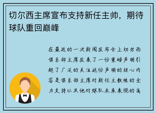 切尔西主席宣布支持新任主帅,期待球队重回巅峰