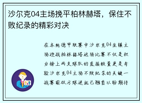 沙尔克04主场挽平柏林赫塔，保住不败纪录的精彩对决